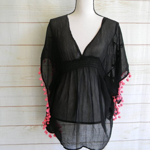 BONGO WM'S BLACK SWIMSUIT COVER-UP W/PINK POM POMS SZ 2X - Picture 1 of 4